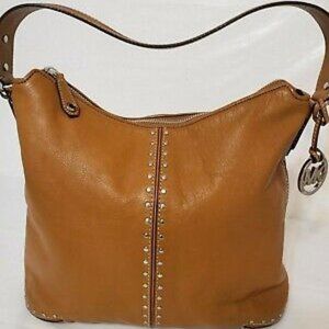 Michael Kors Leather Astor Shoulder Studded Hobo Tote Bag Zippered Cognac brown